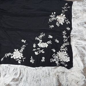 Megan Park 100% Black Silk and Cream Embroidery With Long Fringes.